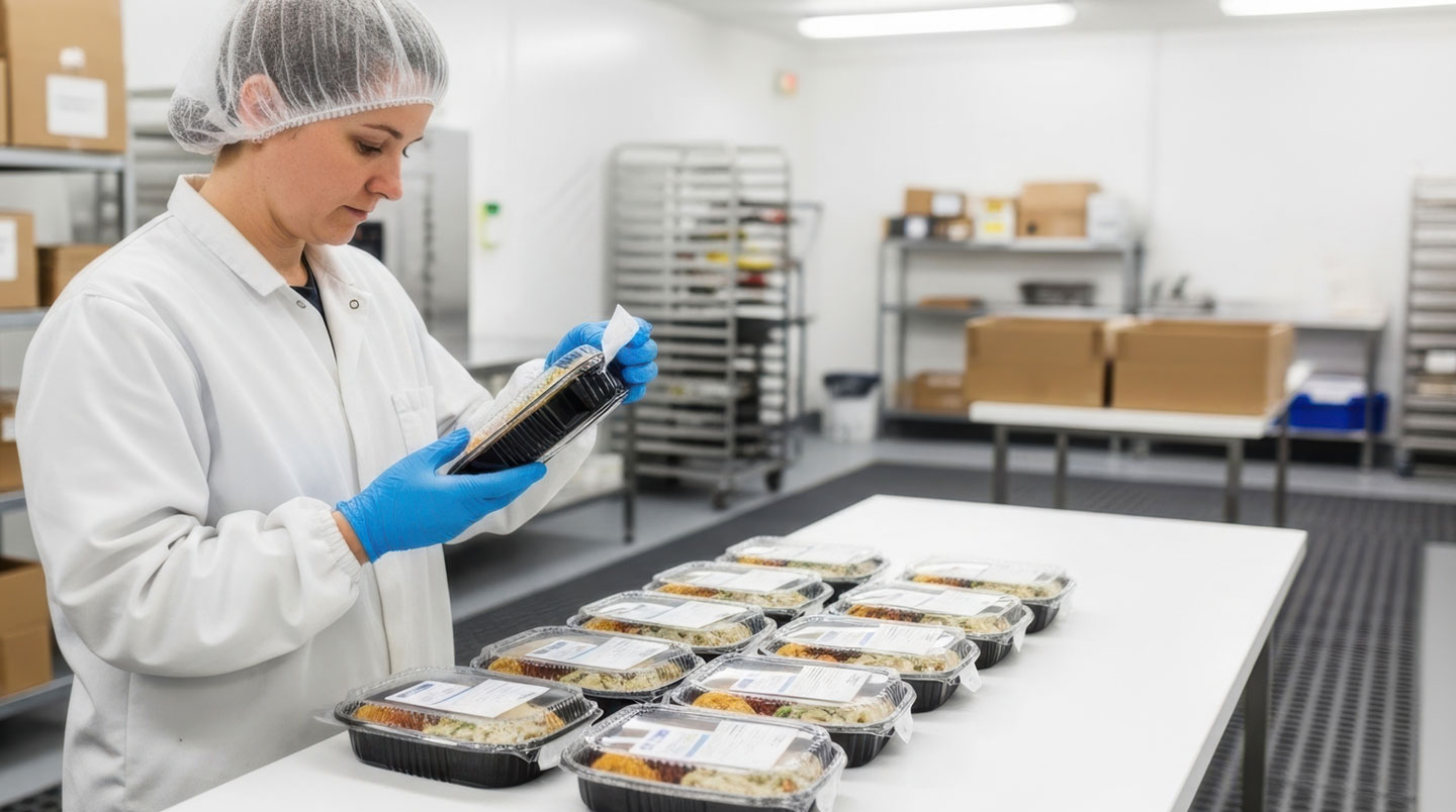 Technicien en blouse blanche contrôlant la conformité d'emballages alimentaires dans un laboratoire avec documents officiels