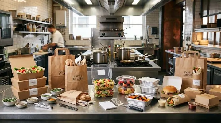 Comptoir de restaurant professionnel avec variété d'emballages alimentaires : contenants carton, barquettes transparentes et sachets papier disposés dans une cuisine moderne