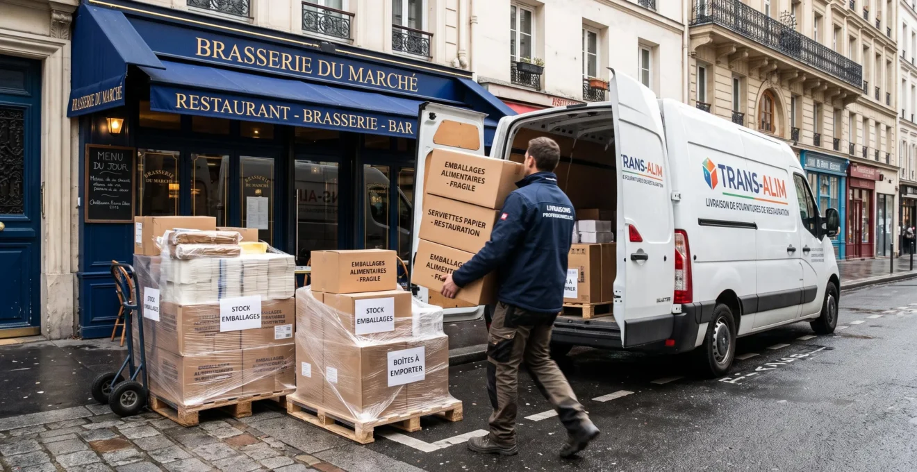 Livreur déchargeant des cartons d'emballages alimentaires devant un restaurant français, camion de livraison professionnel