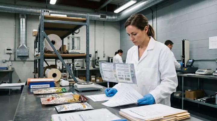 Technicien en blouse blanche contrôlant la conformité d'emballages alimentaires dans un laboratoire avec documents officiels